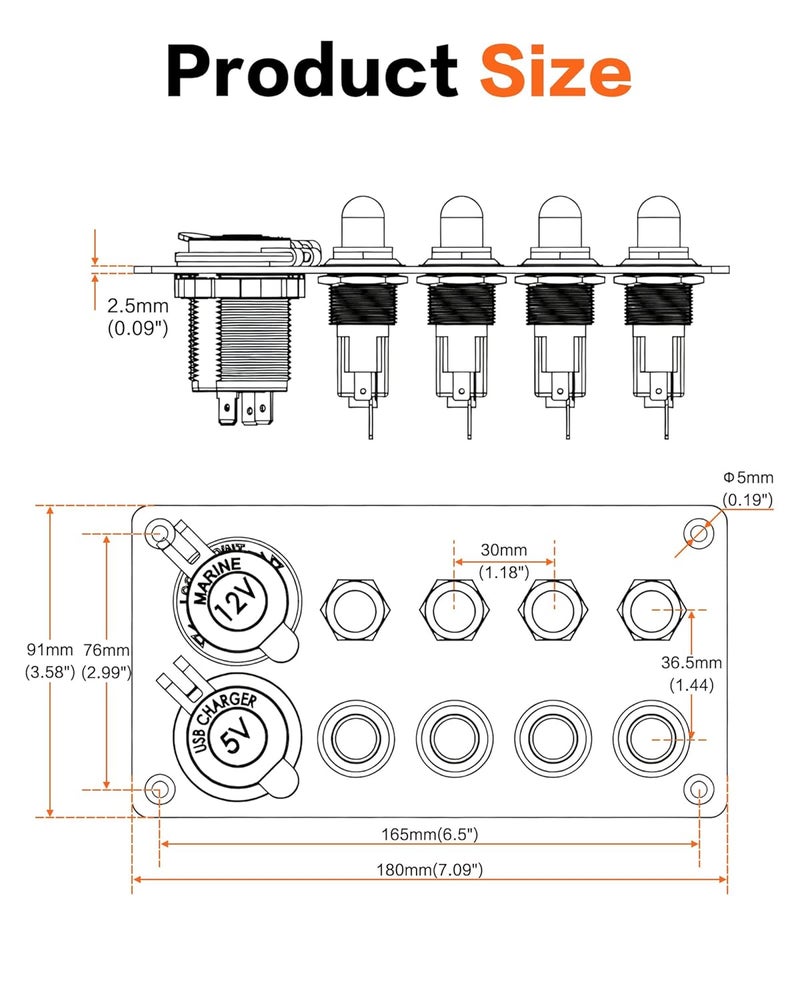 IZTOSS 4 Gang Aluminum Push Button Switch Panel with 5V/4.8 Dual USB Socket Outlet Circuit Breaker for Marine RV Boat Caravan Yacht - Image 3